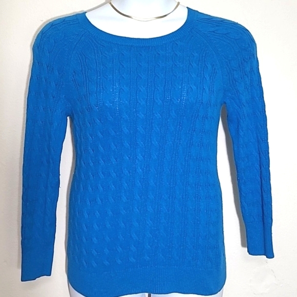 Madison Royal Blue Cable Knit Sweater M Fisherman Jewel Neck Vintage Stretch - Picture 1 of 4